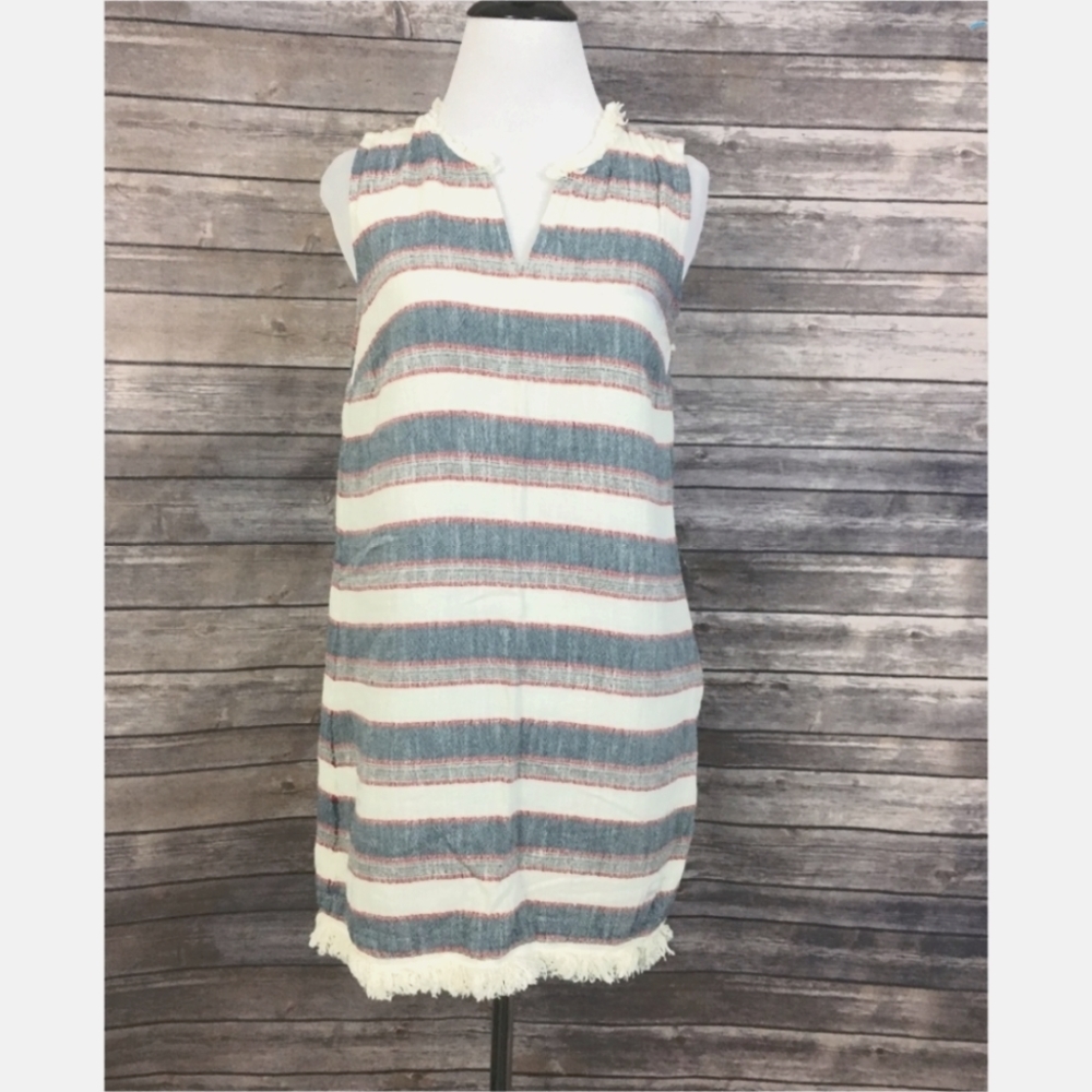 Chelsea & Theodore Sleeveless Red, White, and Blue Cotton Fringed Shift Dress